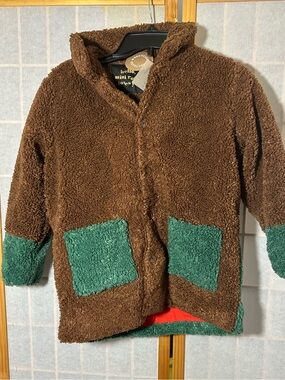 Nwt Mini rodini Kids Brown Sherpa Jacket with Green Pockets - Cozy Outerwear